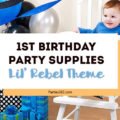 This Lil' Rebel First Birthday Party theme is super cute and unique with blues, blacks and a tattoo wing design! Check out these coordinated party supplies for your little boy's 1st birthday! #firstbirthday #partysupplies #1stbirthday