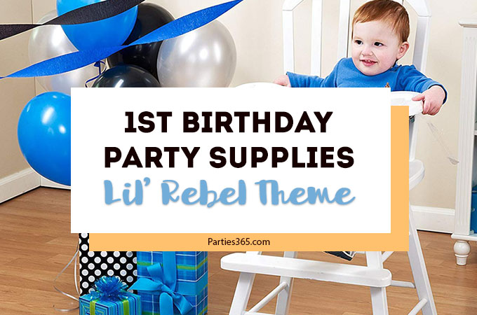 This Lil' Rebel First Birthday Party theme is super cute and unique with blues, blacks and a tattoo wing design! Check out these coordinated party supplies for your little boy's 1st birthday! #firstbirthday #partysupplies #1stbirthday