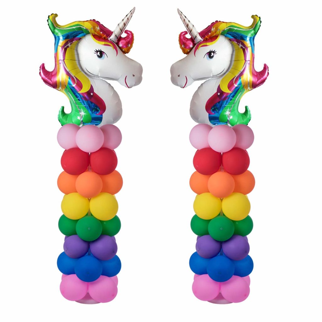 rainbow column balloons with unicorn