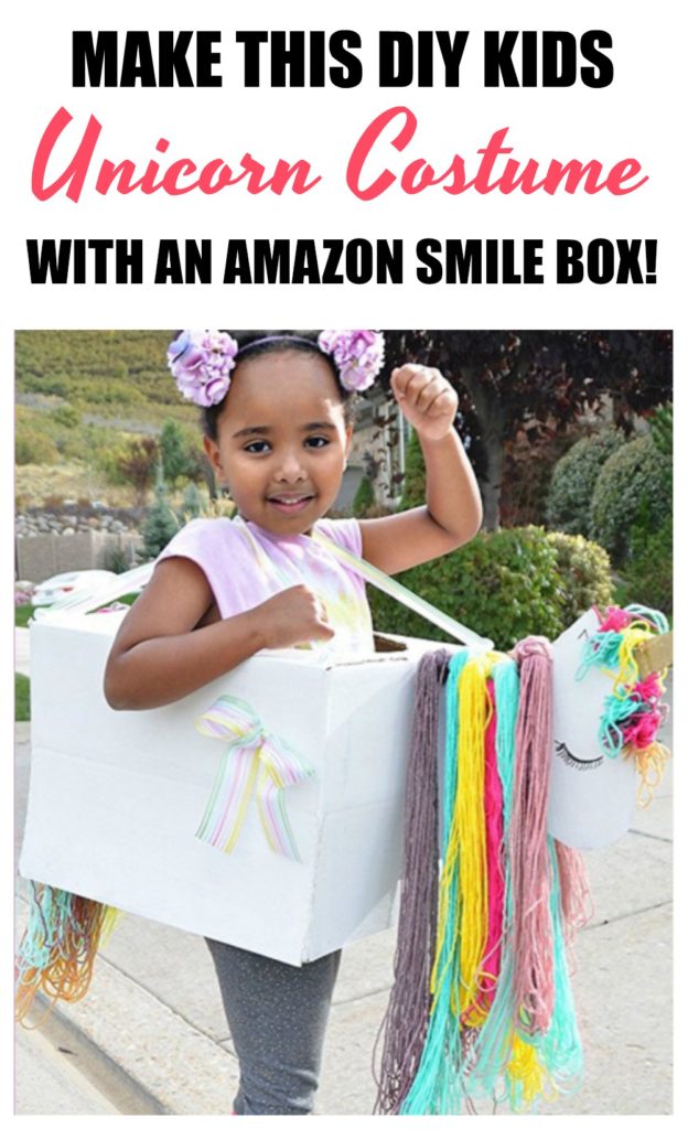 Here are 3 super easy DIY Kids Halloween Costumes you can make using an Amazon box! If you want a quick Halloween costume idea for your little boy or girl you'll love this unicorn, car and cake costume you can make yourself! #HalloweenDIY #DIYcostume #Halloween #costumeideas