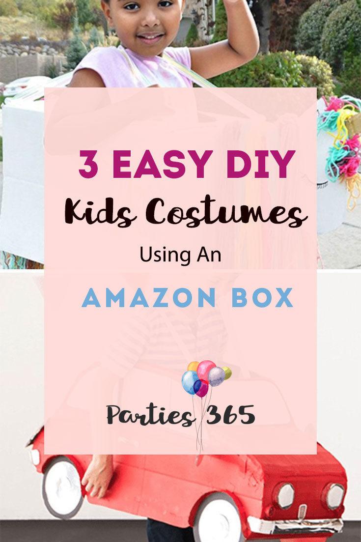 Here are 3 super easy DIY Kids Halloween Costumes you can make using an Amazon box! If you want a quick Halloween costume idea for your little boy or girl you'll love this unicorn, car and cake costume you can make yourself! #HalloweenDIY #DIYcostume #Halloween #costumeideas
