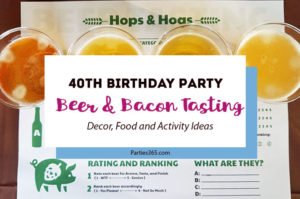 Take a look at this 40th Birthday Party theme for a bacon and beer tasting party! Hops & Hogs was the milestone birthday party theme and we've got some amazing decor, cake, food and activity ideas for you! 40th Birthday Ideas | Beer Themed Party | Bacon Tasting Party