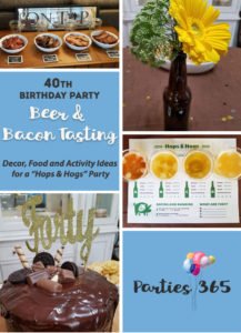 Take a look at this 40th Birthday Party theme for a bacon and beer tasting party! Hops & Hogs was the milestone birthday party theme and we've got some amazing decor, cake, food and activity ideas for you! 40th Birthday Ideas | Beer Themed Party | Bacon Tasting Party