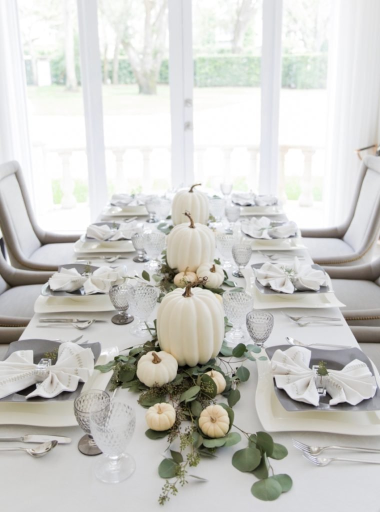 all white Fall Pumpkin Tablescape Idea with greenery