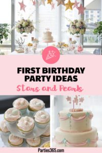 Looking for a sweet 1st Birthday Party theme for your little girl? This darling Stars and Pearls party featured pastels, shimmering pearls and floating flowers and has ideas for a cake, decorations and more! #1stBirthday #FirstBirthday #PartyTheme #Birthday #birthdaycake