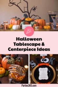 Looking for fun and spooky Halloween Tablescape Ideas and Centerpieces? This Halloween table setting would be perfect for a dinner party or an everyday display. #Halloween #HalloweenDecor #Tablescape #Centerpiece #HalloweenParty #Parties365