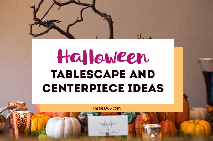 Looking for fun and spooky Halloween Tablescape Ideas and Centerpieces? This Halloween table setting would be perfect for a dinner party or an everyday display. #Halloween #HalloweenDecor #Tablescape #Centerpiece #HalloweenParty #Parties365