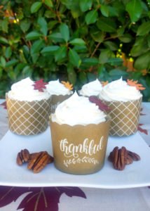 These Spice Cupcakes with Maple Pecan Cream Cheese Icing are divine and your Thanksgiving or fall party guests will agree! This homemade, easy fall cupcake can be topped with a liqueur infused icing or a kid friendly icing - find both in this recipe. #Thanksgiving #Thanksgivingrecipes #fallrecipes #holidaybaking #holidayrecipes #cupcakes
