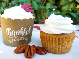 These Spice Cupcakes with Maple Pecan Cream Cheese Icing are divine and your Thanksgiving or fall party guests will agree! This homemade, easy fall cupcake can be topped with a liqueur infused icing or a kid friendly icing - find both in this recipe. #Thanksgiving #Thanksgivingrecipes #fallrecipes #holidaybaking #holidayrecipes #cupcakes