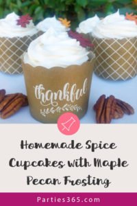 These Spice Cupcakes with Maple Pecan Cream Cheese Icing are divine and your Thanksgiving or fall party guests will agree! This homemade, easy fall cupcake can be topped with a liqueur infused icing or a kid friendly icing - find both in this recipe. #Thanksgiving #Thanksgivingrecipes #fallrecipes #holidaybaking #holidayrecipes #cupcakes