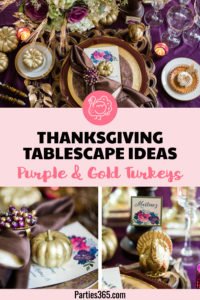 Looking for ideas for centerpieces, tablescapes and place cards for your Thanksgiving table? This elegant jewel toned rustic Thanksgiving tablescape is something you could recreate at home! Check out all the decorations and photos when you click here. #Thanksgiving #Thanksgivingtable #holidaydecor #parties365