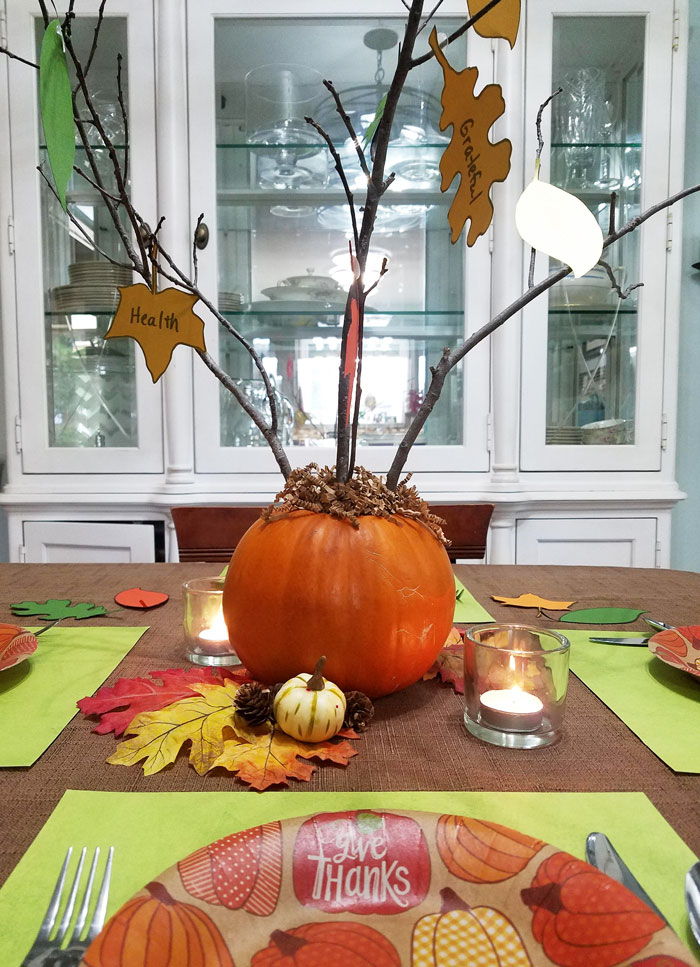 Thanksgiving centerpiece with gratitude tree and printable fall leaves