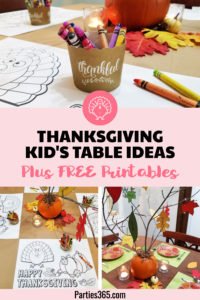 Want to set a fun Thanksgiving kids table with an easy centerpiece and a free printable coloring turkey placemat? We've made it easy with these table setting ideas, decorations and centerpiece decorated with thankful fall leaf printables! Click to see the details! #Thanksgiving #thanksgivingtable #parties365