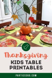 Want to set a fun Thanksgiving kids table with an easy centerpiece and a free printable coloring turkey placemat? We've made it easy with these table setting ideas, decorations and centerpiece decorated with thankful fall leaf printables! Click to see the details! #Thanksgiving #thanksgivingtable #kidstable #printables #printable