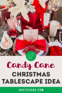 Looking for simple Christmas tablescape ideas for your holiday table? This elegant red, white and silver candy cane table setting has a lovely centerpiece and would be the perfect table decoration for your party or dinner! Click for all the details! #Christmasdecor #holidaydecor #tablescape