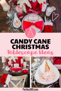 Looking for simple Christmas tablescape ideas for your holiday table? This elegant red, white and silver candy cane table setting has a lovely centerpiece and would be the perfect table decoration for your party or dinner! Click for all the details! #Christmasdecor #holidaydecor #tablescape