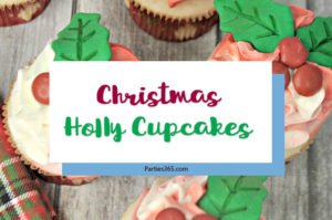 Looking for Christmas Cupcake ideas for the holidays? Our Holly Cupcake Recipe is a fancy dessert that's still easy to make! The cute fondant leaves and M&M berries really stand out on the candy cane inspired frosting. Click for the full recipe! #holidaybaking #holidayrecipes #Christmas
