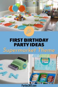 Looking for a unique theme for a First Birthday Party? This boy had an amazing Supermarket 1st Birthday Party and we have all the pictures, activities, decorations, cake, food and invitations! Click for more creative ideas! #FirstBirthday #partytheme #1stbirthday #partydecor #milestonebirthday
