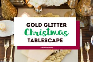 Looking for simple Christmas tablescape ideas for your holiday table? This elegant gold glitter table setting has a gorgeous centerpiece and would be the perfect table decoration for your party or dinner! Click for all the details! #Christmasdecor #holidaydecor #tablescape