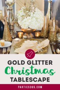 Looking for simple Christmas tablescape ideas for your holiday table? This elegant gold glitter table setting has a gorgeous centerpiece and would be the perfect table decoration for your party or dinner! Click for all the details! #Christmasdecor #holidaydecor #tablescape