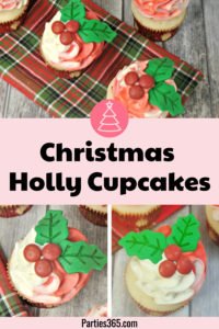 Looking for Christmas Cupcake ideas for the holidays? Our Holly Cupcake Recipe is a fancy dessert that's still easy to make! The cute fondant leaves and M&M berries really stand out on the candy cane inspired frosting. Click for the full recipe! #holidaybaking #holidayrecipes #Christmas