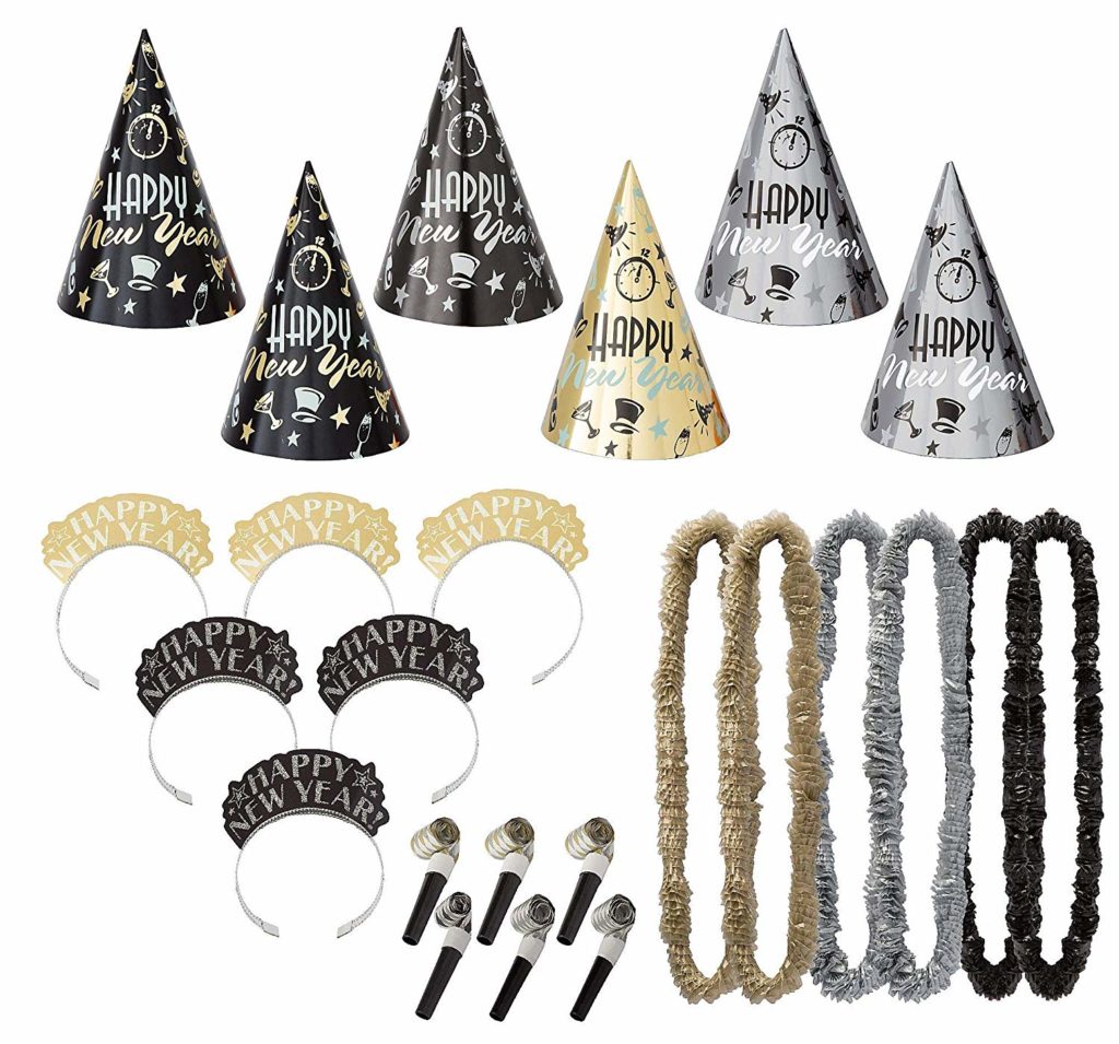 new year's party hats, crowns and accessories in black, silver and gold