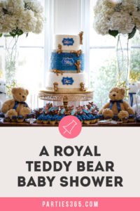 A Royal Teddy Bear baby shower theme is so much fun for a baby boy or girl. Check out this shower for ideas on decorations, food, favors and more! #babyshower #partythemes #babyboy #teddybear
