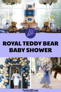 A Royal Teddy Bear baby shower theme is so much fun for a baby boy or girl. Check out this shower for ideas on decorations, food, favors and more! #babyshower #partythemes #babyboy #teddybear