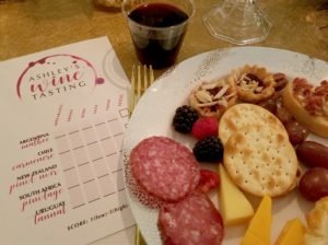 I topped each place setting with a custom designed wine tasting card (more on those in a minute) and a glittery gold ornament for each guest to take home as a party favor.