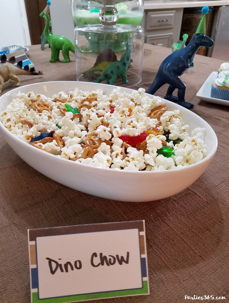 dino chow party food in white bowl