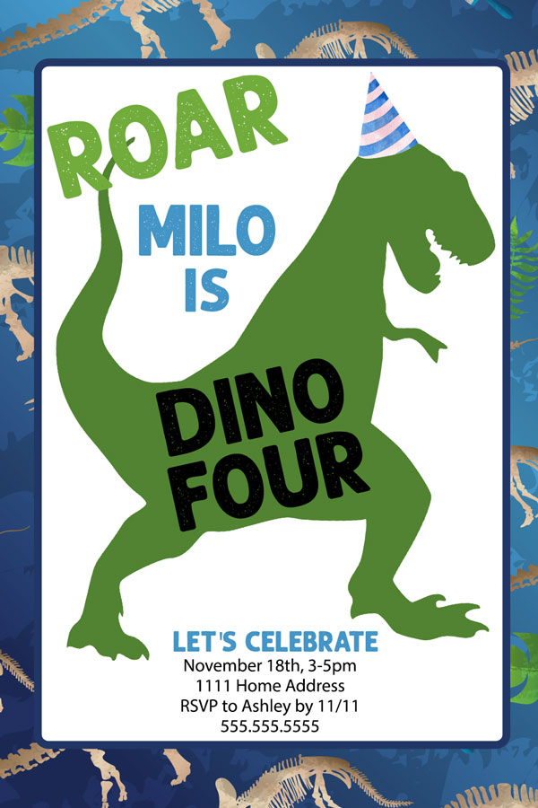 roar milo is dino four birthday party invitation with green dinosaur in a party hat