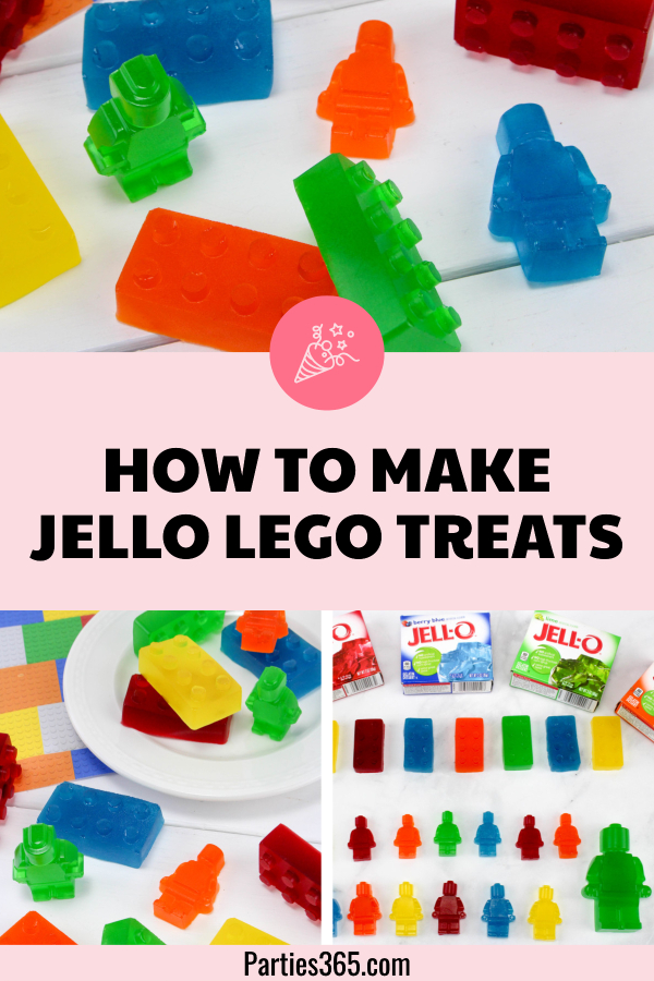 Want a fun treat for your lego themed birthday party? Let us show you how to make colorful Jello Lego blocks and figurines with this easy recipe and mold! #legos #legoparty #legofood #birthday #partyfood 