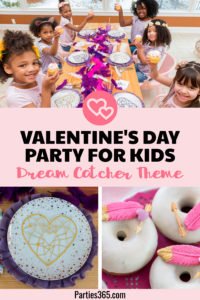 This sweet Dream Catcher themed girl's Valentine's Day Party for kids is full of cute ideas for decorations, desserts, balloons and more! The lovely Galentine's Day tablesetting is playful and fun and will inspire your classroom, home or friends party! #Valentines #ValentinesDay #PartyIdeas #partysupplies #Galentines