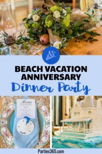 Thinking of hosting a dinner party and need ideas? We love this beach themed vacation anniversary dinner party! It's full of elegant beachy ideas for decorations, food, menus, favors and centerpieces. Take a look... #dinnerparty #anniversarydinner #summer #beach #partyideas