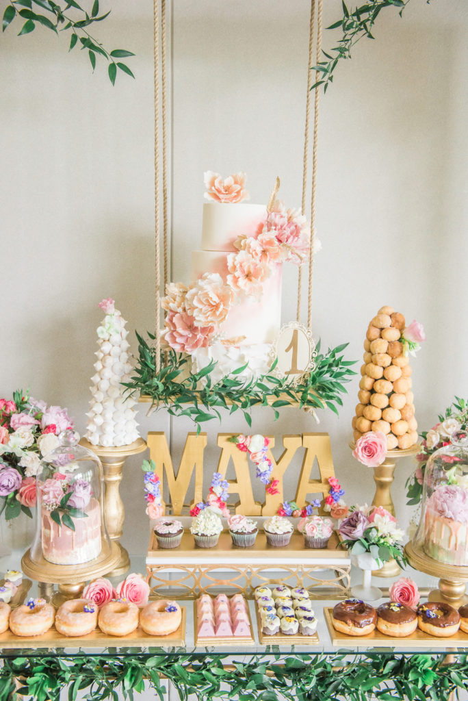 name in gold letters on dessert table at birthday party