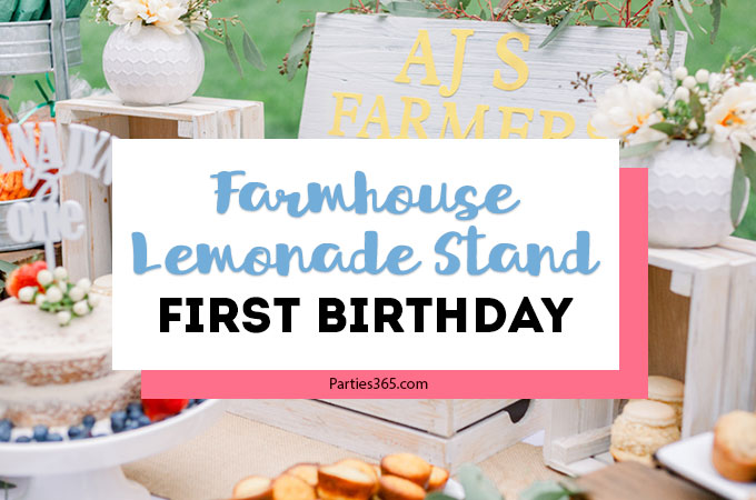 If your little girl is about to have her first birthday, you'll love the pictures of this Farmhouse Lemonade Stand 1st Birthday Party! The fun decorations, cake, food, banners and dessert table is country chic, perfect for kids and full of great ideas! Check it out! #firstbirthday #farmhouse #lemonadestand #partyideas