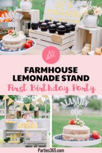 If your little girl is about to have her first birthday, you'll love the pictures of this Farmhouse Lemonade Stand 1st Birthday Party! The fun decorations, cake, food, banners and dessert table is country chic, perfect for kids and full of great ideas! Check it out! #firstbirthday #farmhouse #lemonadestand #partyideas