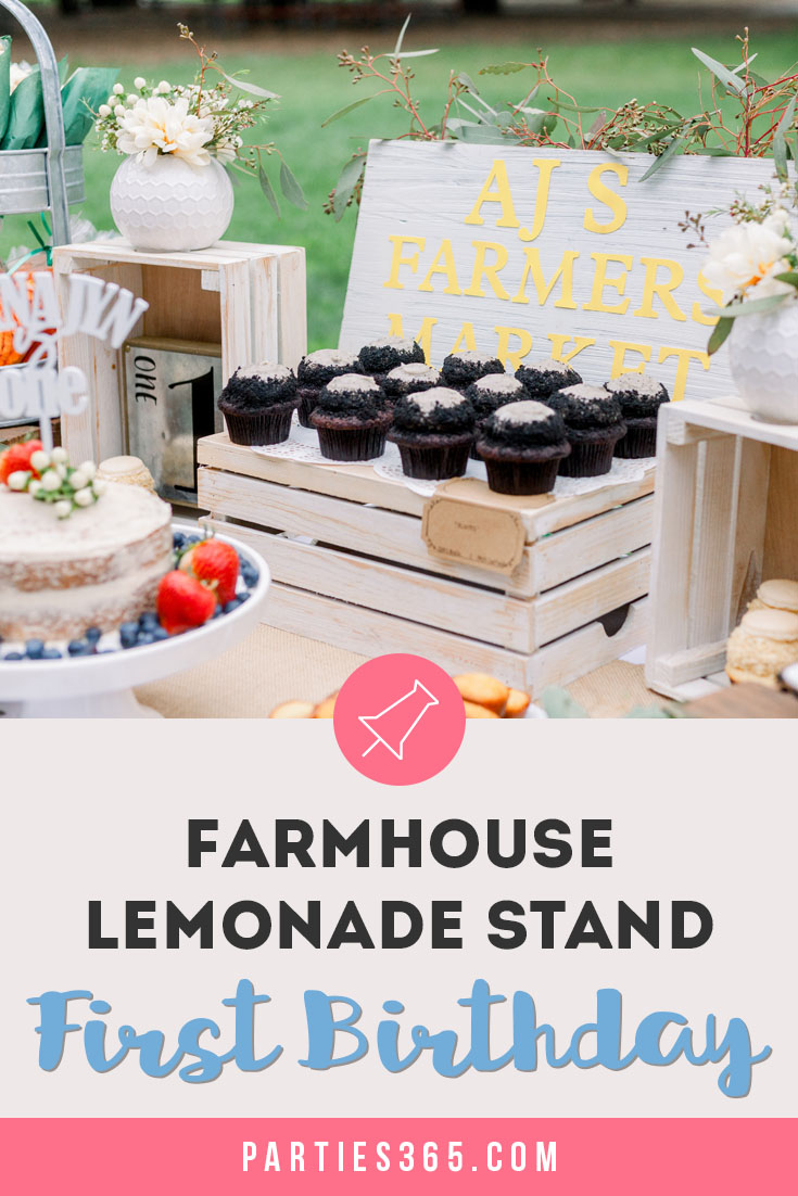 If your little girl is about to have her first birthday, you'll love the pictures of this Farmhouse Lemonade Stand 1st Birthday Party! The fun decorations, cake, food, banners and dessert table is country chic, perfect for kids and full of great ideas! Check it out! #firstbirthday #farmhouse #lemonadestand #partyideas