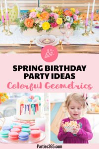 Creative ideas and inspiration for a modern geometric spring birthday party for girls! This colorful kids party full of bright decor, cake and flowers is the perfect theme for fun! #geometric #birthday #springparty #kidsparty