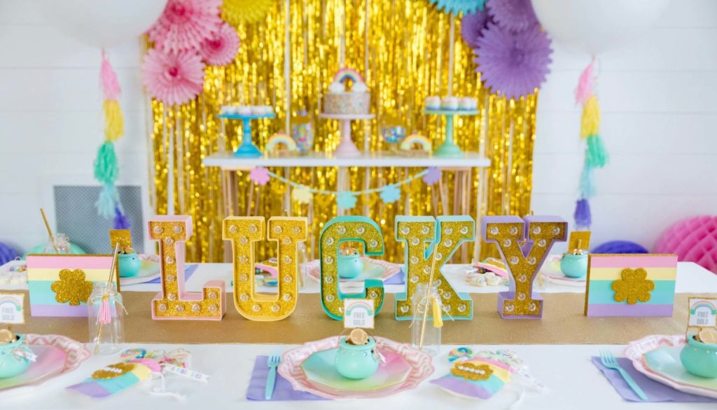 St. Patrick's Day party table with LUCKY letters