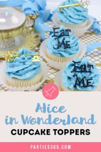 These simple DIY cupcake toppers are perfect for your Alice in Wonderland theme party! The gold key and "Eat Me" decorations are easy ideas to make your party food whimsical and fun for all ages! #AliceinWonderland #cupcakes #TeaPartyIdeas