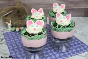 Want a fun Easter dessert idea for the kids or your desserts table? This easy homemade Easter Bunny Brownie Trifle with White Chocolate Mousse Recipe is cute, creative and delicious! #Easter #Easterrecipe #Easterdessert