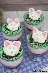 Want a fun Easter dessert idea for the kids or your desserts table? This easy homemade Easter Bunny Brownie Trifle with White Chocolate Mousse Recipe is cute, creative and delicious! #Easter #Easterrecipe #Easterdessert