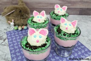 Want a fun Easter dessert idea for the kids or your desserts table? This easy homemade Easter Bunny Brownie Trifle with White Chocolate Mousse Recipe is cute, creative and delicious! #Easter #Easterrecipe #Easterdessert