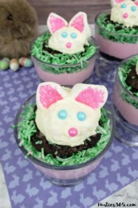 Want a fun Easter dessert idea for the kids or your desserts table? This easy homemade Easter Bunny Brownie Trifle with White Chocolate Mousse Recipe is cute, creative and delicious! #Easter #Easterrecipe #Easterdessert