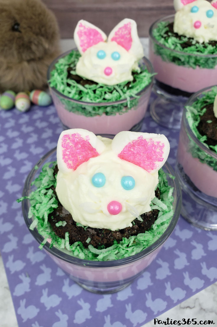 Want a fun Easter dessert idea for the kids or your desserts table? This easy homemade Easter Bunny Brownie Trifle with White Chocolate Mousse Recipe is cute, creative and delicious! #Easter #Easterrecipe #Easterdessert