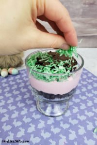 Want a fun Easter dessert idea for the kids or your desserts table? This easy homemade Easter Bunny Brownie Trifle with White Chocolate Mousse Recipe is cute, creative and delicious! #Easter #Easterrecipe #Easterdessert