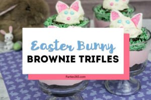 Want a fun Easter dessert idea for the kids or your desserts table? This easy homemade Easter Bunny Brownie Trifle with White Chocolate Mousse Recipe is cute, creative and delicious! #Easter #Easterrecipe #Easterdessert