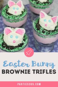Want a fun Easter dessert idea for the kids or your desserts table? This easy homemade Easter Bunny Brownie Trifle with White Chocolate Mousse Recipe is cute, creative and delicious! #Easter #Easterrecipe #Easterdessert