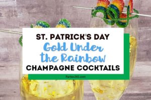 This festive St. Patrick's Day champagne cocktail is a fun and easy drink idea for your party! The simple recipe with sparkling wine, isn't green, but the gold under the rainbow will delight any St. Pattys leprechaun! #stpatricksday #champagne #cocktailrecipe #rainbow